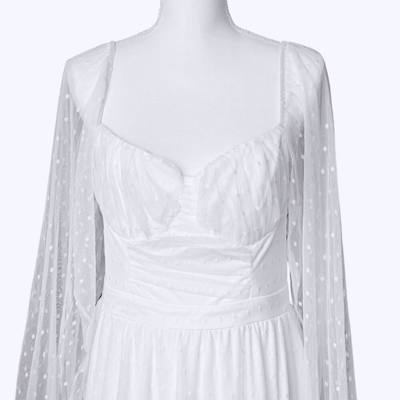 LULUS‎ White Swiss Dot Sheer Sleeve Midi Dress Square Neck Romantic Bridal L - Picture 3 of 9